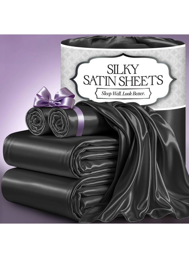 DECOLURE Satin Sheets Full Size Set 4 Pcs - Silky & Luxuriously Soft Satin Bed Sheets w/ 15inch Deep Pocket-Double Stitching, Wrinkle Free(Stone Grey) - Image 1