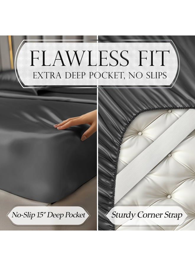 DECOLURE Satin Sheets Full Size Set 4 Pcs - Silky & Luxuriously Soft Satin Bed Sheets w/ 15inch Deep Pocket-Double Stitching, Wrinkle Free(Stone Grey) - Image 5