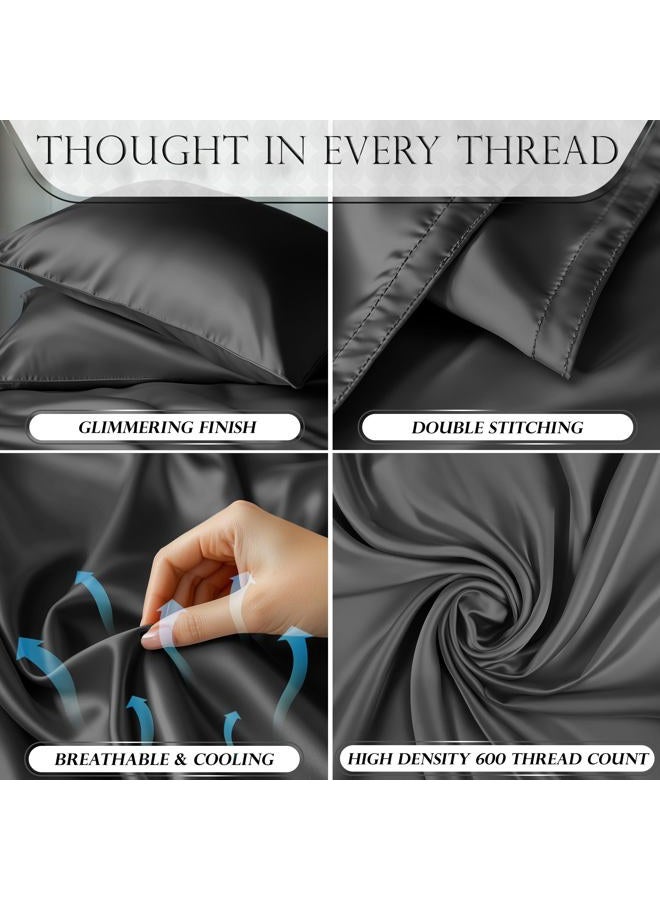 DECOLURE Satin Sheets Full Size Set 4 Pcs - Silky & Luxuriously Soft Satin Bed Sheets w/ 15inch Deep Pocket-Double Stitching, Wrinkle Free(Stone Grey) - Image 3