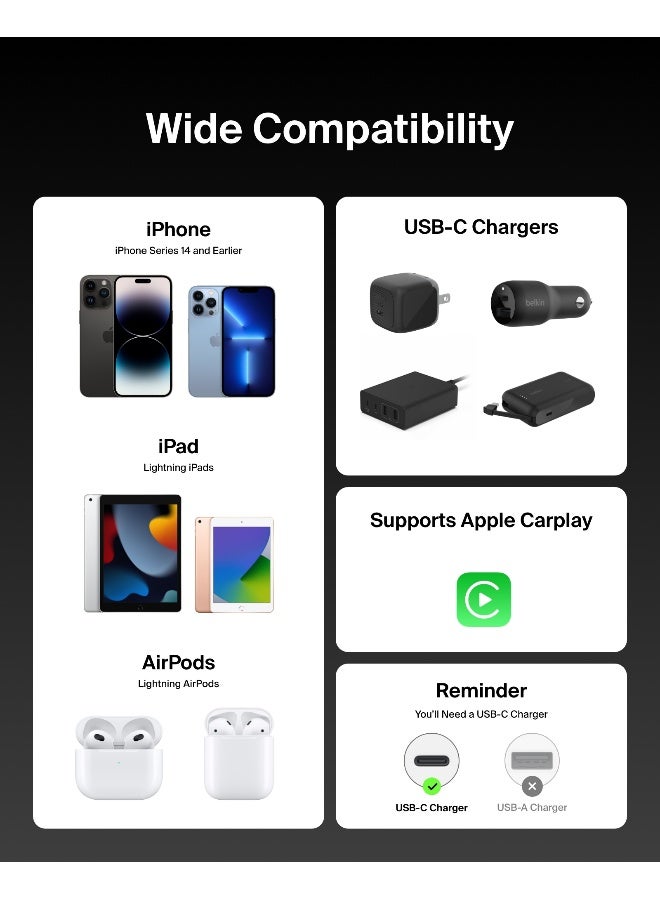 belkin 2-Pack Braided USB-C Cable with Lightning Connector 5ft - Soft, Flexible Fast-Charging Cable, Lightning Charger Cord for iPhone 14 & Earlier Series, iPad 9th Gen, & AirPods - Black black - Image 5