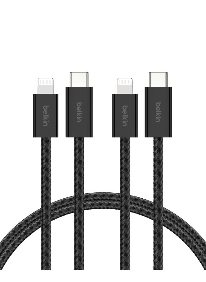 belkin 2-Pack Braided USB-C Cable with Lightning Connector 5ft - Soft, Flexible Fast-Charging Cable, Lightning Charger Cord for iPhone 14 & Earlier Series, iPad 9th Gen, & AirPods - Black black - Image 1