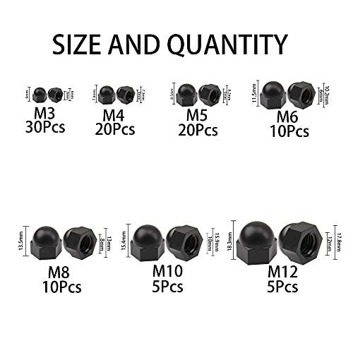 Rrina 100Pcs Black Nylon Dome Acorn Nut Inner Threaded Cap Nuts Assortment Kit,7 Sizes M3, M4, M5, M6, M8, M10, M12 - Image 2