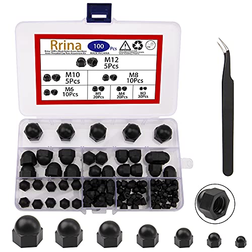 Rrina 100Pcs Black Nylon Dome Acorn Nut Inner Threaded Cap Nuts Assortment Kit,7 Sizes M3, M4, M5, M6, M8, M10, M12 - Image 1