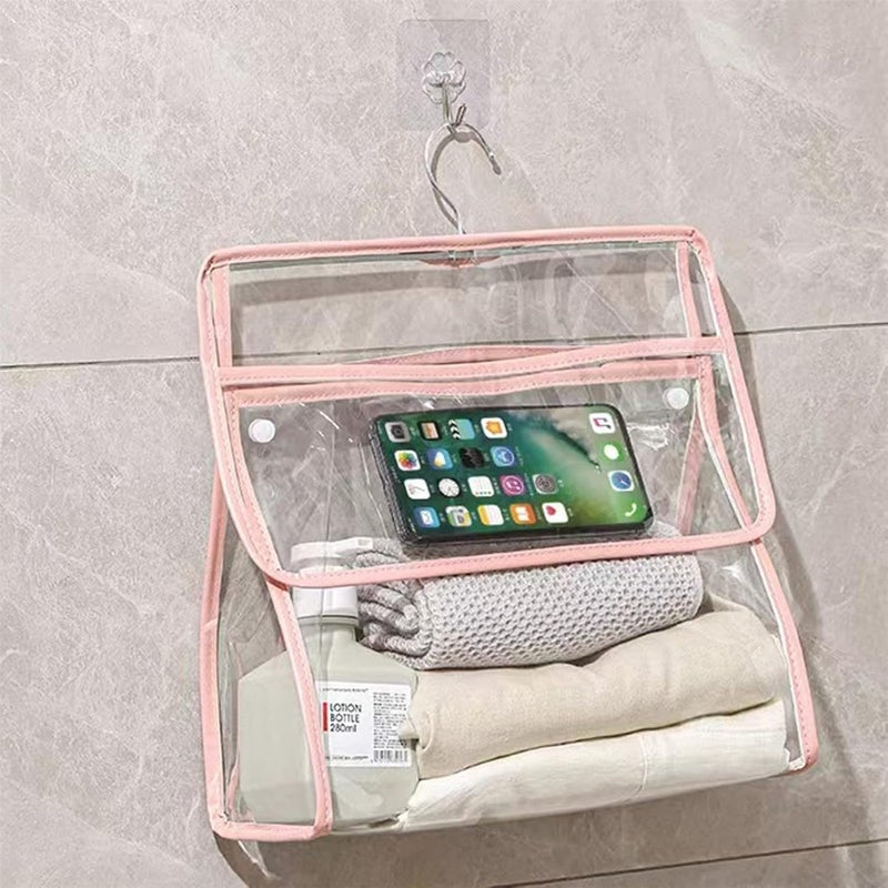 cheekyglo Clear PVC Hanging Storage Organizer for Bathroom Shower - Waterproof Wall Mounted Bag for Towels, Clothes, Makeup, Pink - Image 1