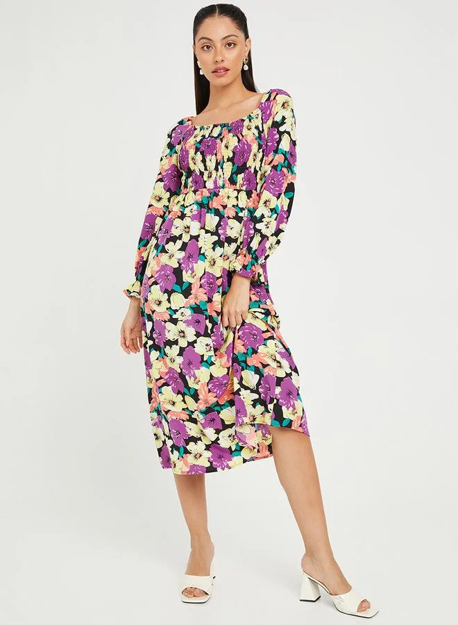 Styli Long Sleeves Floral Print Smock Midi Dress with Smock Detail