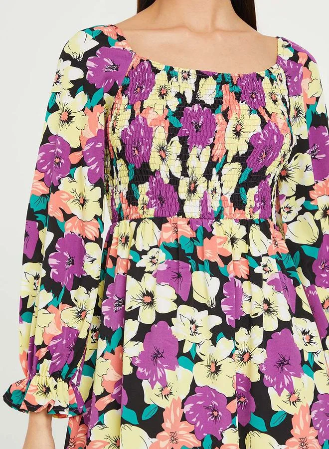 Styli Long Sleeves Floral Print Smock Midi Dress with Smock Detail