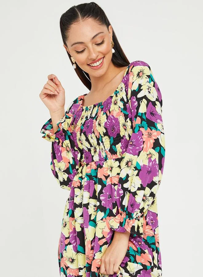 Styli Long Sleeves Floral Print Smock Midi Dress with Smock Detail