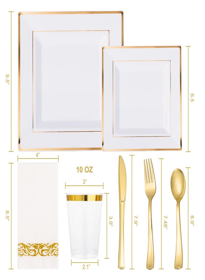 N9R 50 Guest Gold Dinnerware Set-100 White Square Plastic Plates with Gold Rim, 50 Plastic forks, 50 Spoons, 50 Knives, 50 Cups, 50 Napkins-Disposable Dinnerware Set for Mother's Day, Wedding - Image 2