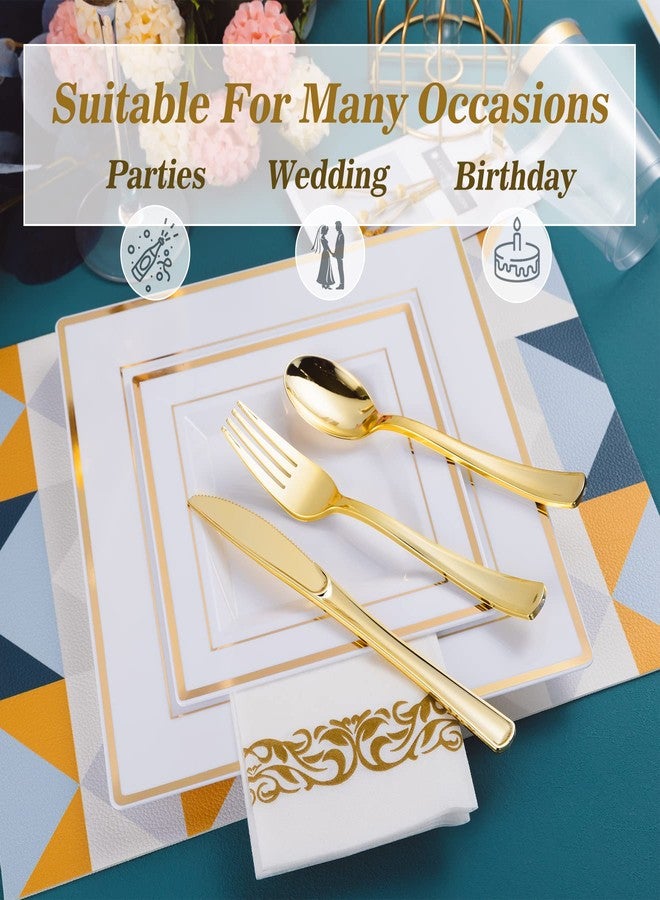 N9R 50 Guest Gold Dinnerware Set-100 White Square Plastic Plates with Gold Rim, 50 Plastic forks, 50 Spoons, 50 Knives, 50 Cups, 50 Napkins-Disposable Dinnerware Set for Mother's Day, Wedding - Image 4