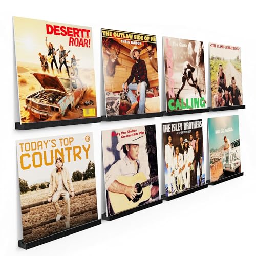 Emfogo Vinyl Record Shelf Wall Mount 8 Pack Album Record Holder Wall 12 inch Vinyl Record Storage Shelves Wall Wood Record Display for Living RoomBlack - Image 1
