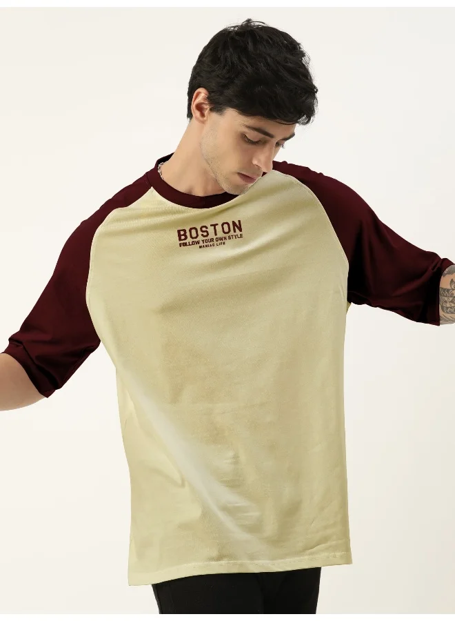 Maniac Mens Printed Round Neck raglan 3/4th Sleeve Butterscotch and  Burgundy Cotton Oversized Tshirt