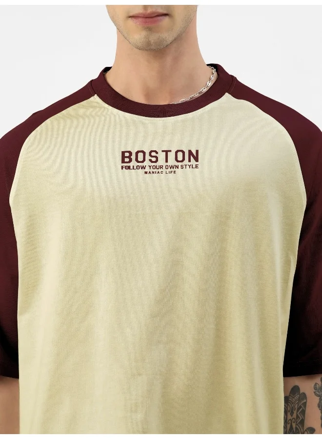 Maniac Mens Printed Round Neck raglan 3/4th Sleeve Butterscotch and  Burgundy Cotton Oversized Tshirt