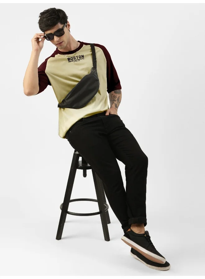 Maniac Mens Printed Round Neck raglan 3/4th Sleeve Butterscotch and  Burgundy Cotton Oversized Tshirt