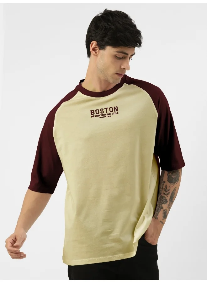 Maniac Mens Printed Round Neck raglan 3/4th Sleeve Butterscotch and  Burgundy Cotton Oversized Tshirt
