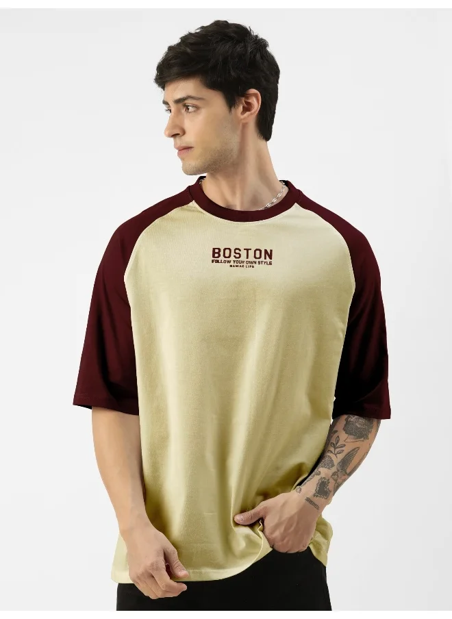 مانياك Mens Printed Round Neck raglan 3/4th Sleeve Butterscotch and  Burgundy Cotton Oversized Tshirt