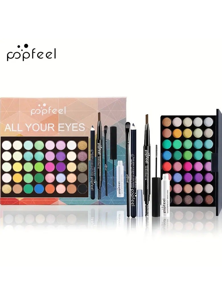 popfeel مجموعة ظلال عيون بـ 40 لون، قلم حواجب، قلم كحل، ماسكارا مع مجموعة من فرش المكياج، مستحضرات تجميل للعيون، هدية مثالية ليوم الأم - Image 3