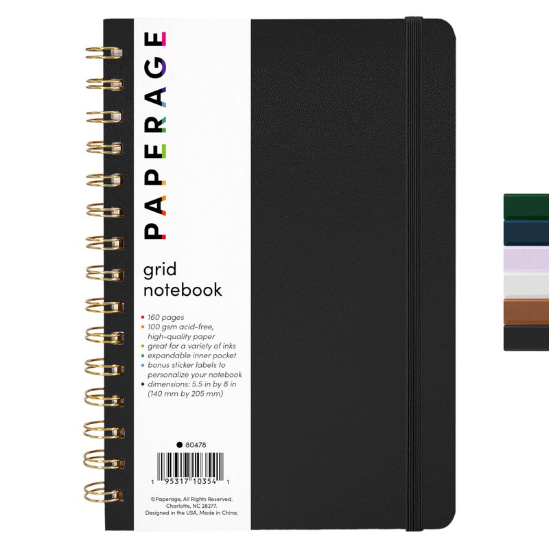 PAPERAGE Graph Paper Spiral Notebook & Journal, (Black), 160 Pages, Medium 5.5 inches x 8 inches - 100 GSM Thick Graphing Paper, Hardcover, Double-Wire Grid Spiral Notebook - Image 1