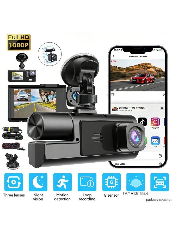 Three-lens 1080P high-definition car recorder with infrared night vision and APP connectivity for parking monitoring integrated unit - Image 1