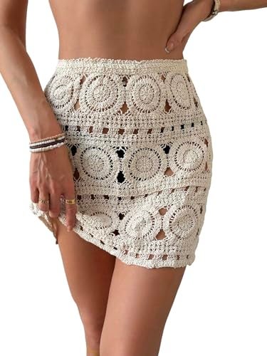 WDIRARA Women's Hollow Out Crochet Knit Cover Up Skirt High Waisted Sheer Beach Skirts Apricot Medium - Image 1