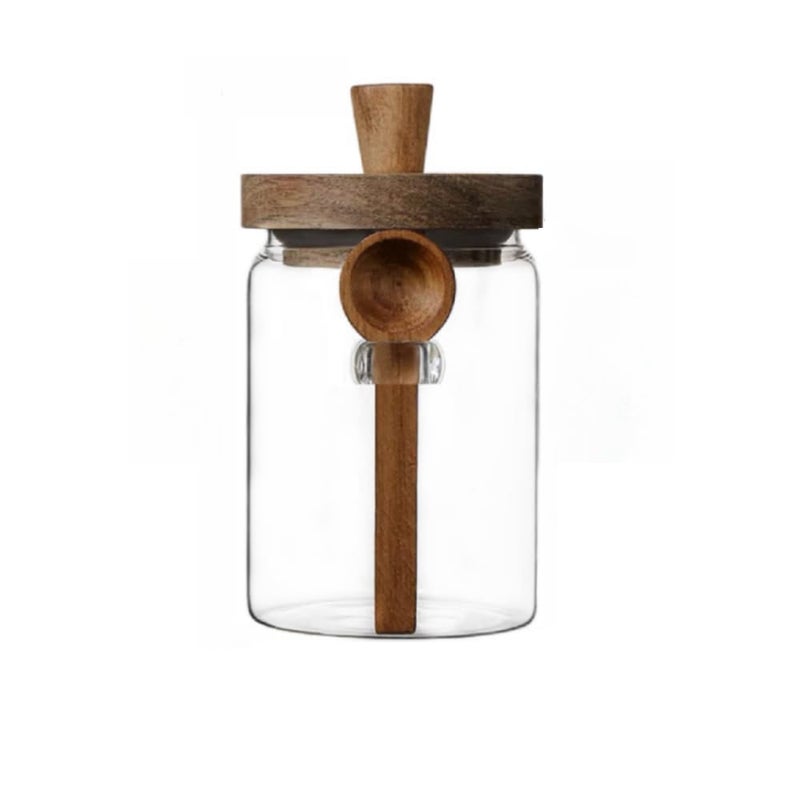 ANSQU Glass Jar with Wooden Lid and Spoon, 20.3oz Food Storage Containers Coffee Jar Coffee Grounds Container, Glass Food Storage Canister (1 Pack) - Image 1