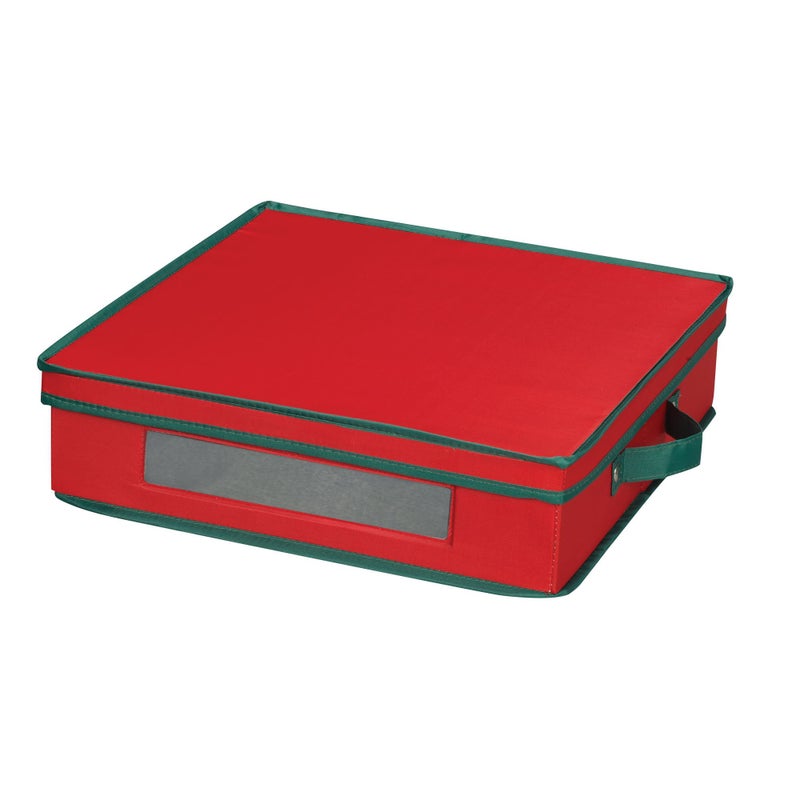 Household Essentials Holiday China Storage Chest with Lid and Handles  Charger Plates and Platters  Red Canvas with Green Trim