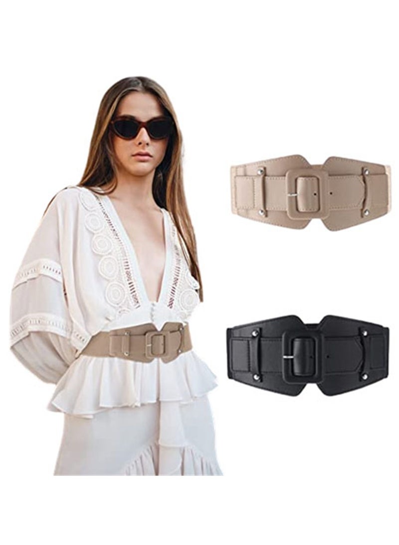 Fashionable Women's Stretchy Retro Wide Belt 2 Pieces Vintage Chunky Buckle Waist Cinch Belt for Dresses and Coats - Image 1