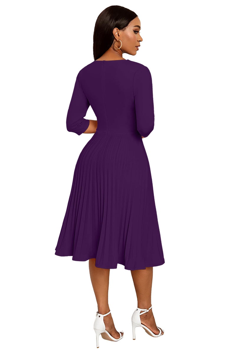 CLOCOR Midi Dresses for Women Casual Wrap Flared Pleated Dress A Line 3/4 Sleeve V Neck Church Cocktail Wedding Guest Dress Deep Purple XL - Image 4