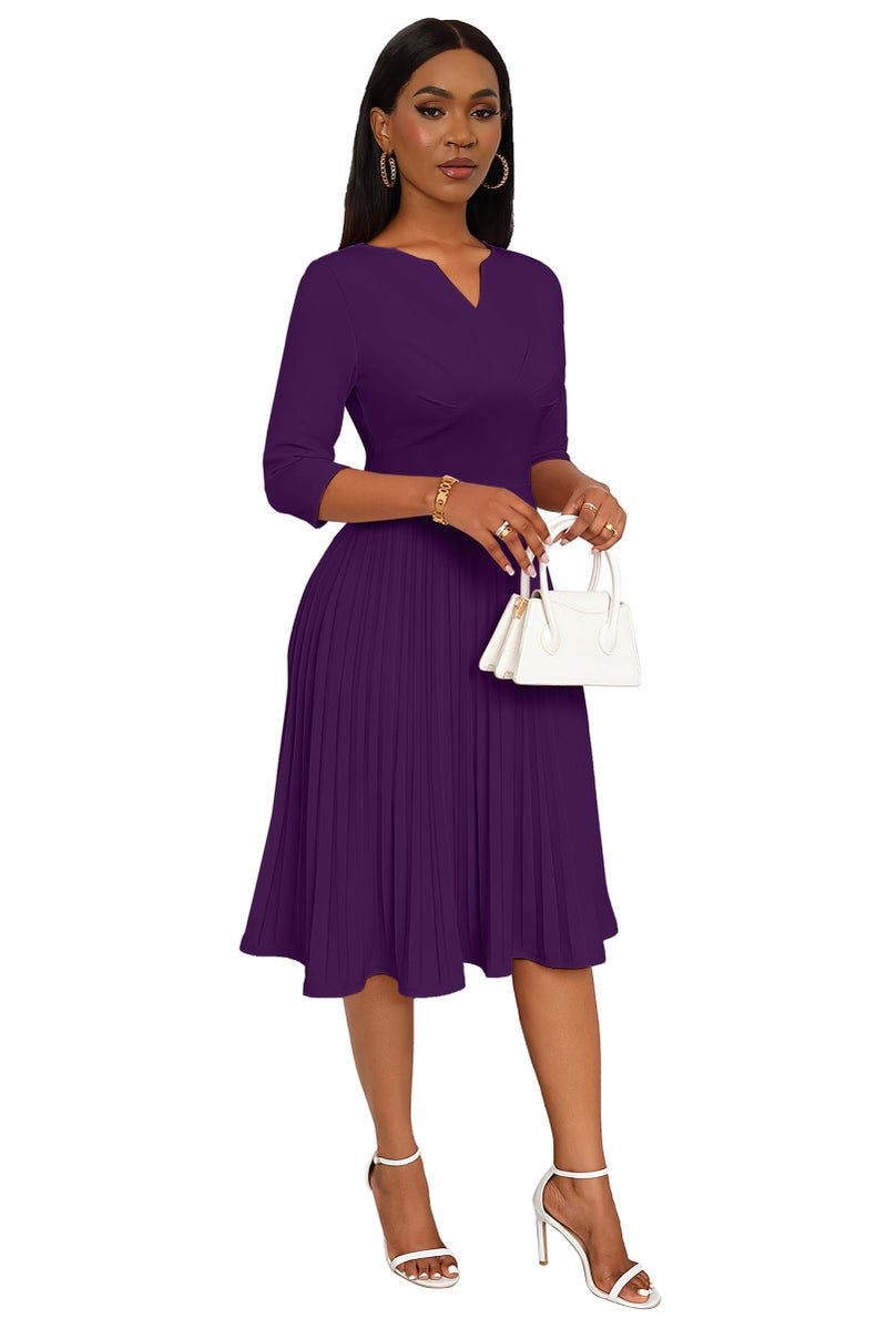 CLOCOR Midi Dresses for Women Casual Wrap Flared Pleated Dress A Line 3/4 Sleeve V Neck Church Cocktail Wedding Guest Dress Deep Purple XL - Image 5