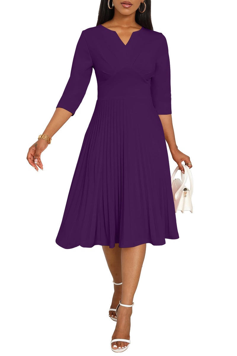 CLOCOR Midi Dresses for Women Casual Wrap Flared Pleated Dress A Line 3/4 Sleeve V Neck Church Cocktail Wedding Guest Dress Deep Purple XL - Image 3