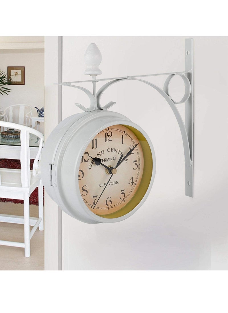 SYOSI - Double Sided Wall Clock  Two Faces Clock Garden Clock Outdoor Clock 8.6inch Retro Double-Sided Wall Clock Full Mold Die Casting  Vintage Hanging Clock for Indoor Outdoors Garden Décor  White - Image 1
