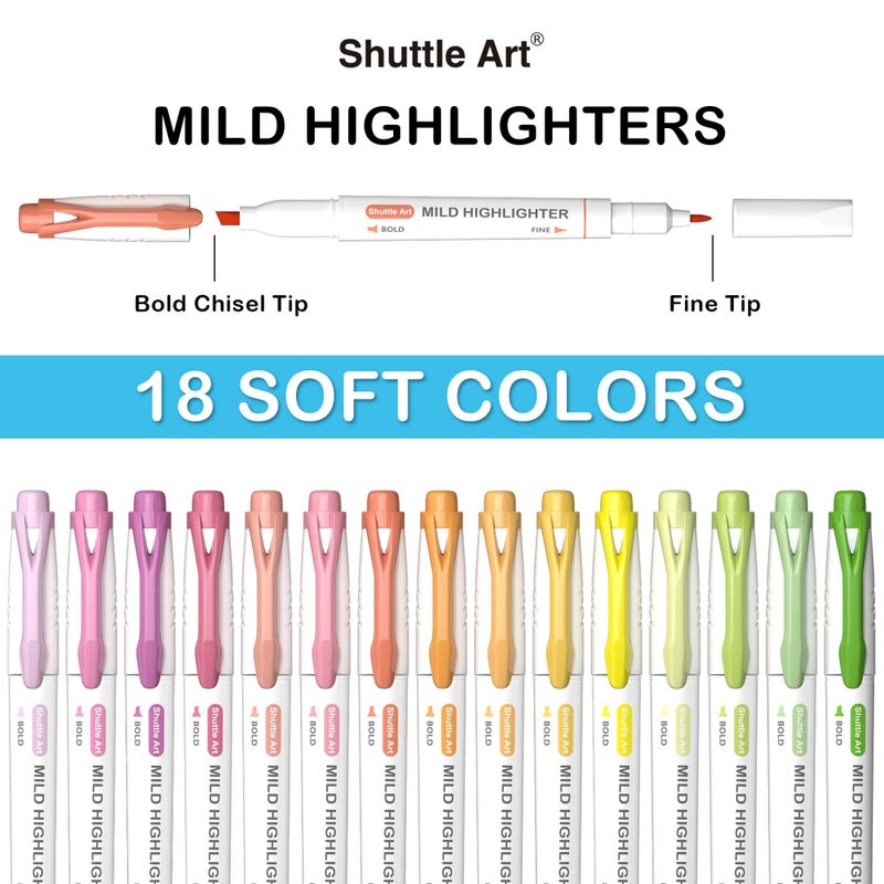 Shuttle Art Highlighters, 18 Colors Pastel Highlighter Pens Assorted Colors, Dual Tip Mild Color Highlighter Markers, Perfect for Teens, Kids and Adults Coloring, Underlining, Highlighting - Image 3