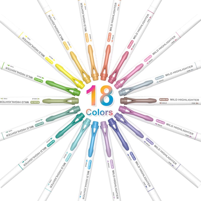 Shuttle Art Highlighters, 18 Colors Pastel Highlighter Pens Assorted Colors, Dual Tip Mild Color Highlighter Markers, Perfect for Teens, Kids and Adults Coloring, Underlining, Highlighting - Image 2