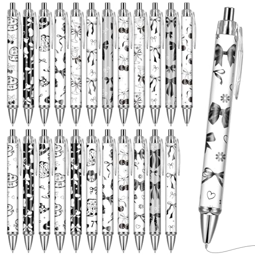 VorkiVecKi Black Bow Ballpoint Pens - 24 Pcs Coquette Stuff Retractable Gel Ink Ball Point Pen Gifts for Girls Dark Tie Writing School Supplies Fine Fancy Office Essentials for Nurse Teacher Assistant - Image 1