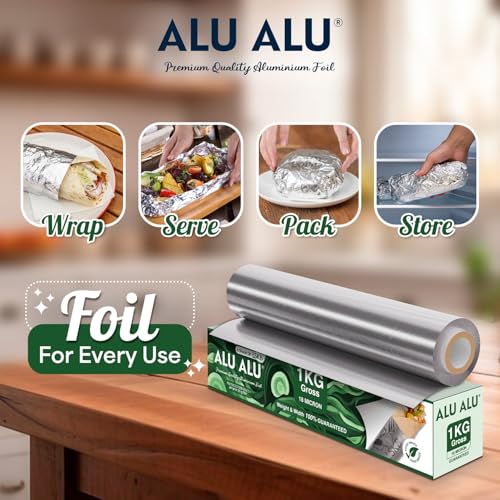 AluAlu ALU ALU 1 Kg Gross Silver Aluminium Foil | 18 Micron Thickness | Premium Quality | Keeps Food Fresh Always, Perfect for Food Wrapping, Packing, Storing and Serving | 41.69 Meters Net Guaranteed Length - Image 4