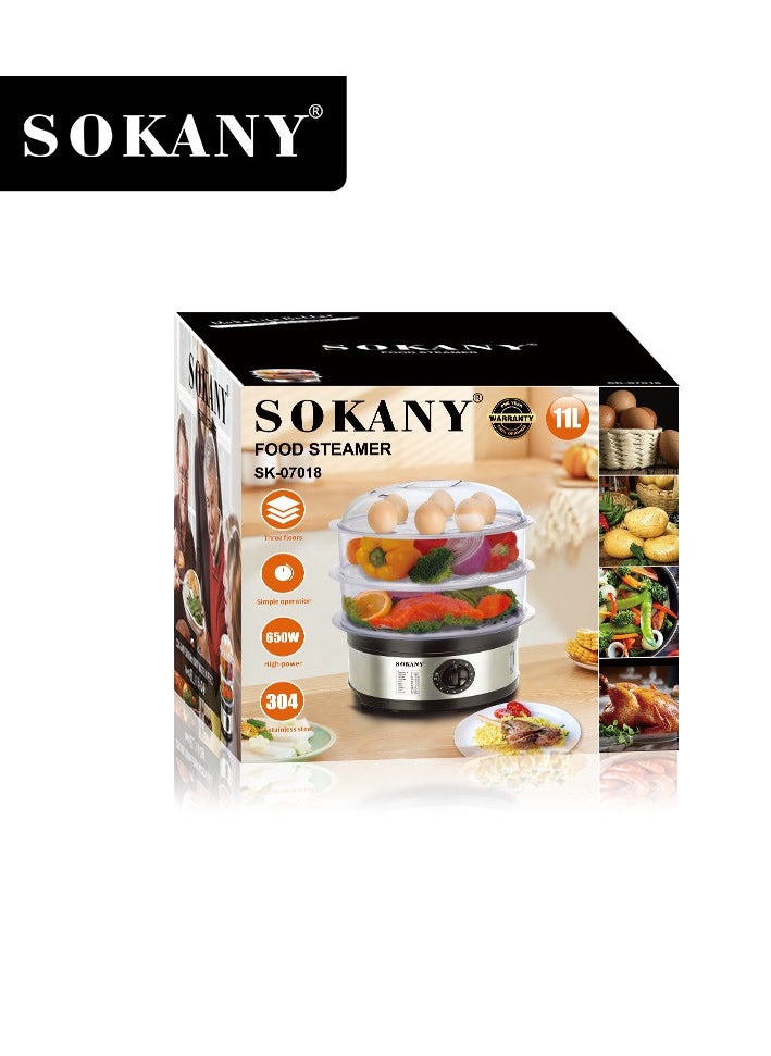 sokany - 650W 11L Food Steamer, 3-Tier Detachable, 60-Minute Timer, and Dishwasher Safe, Makes Preparation Quick Easy SK-07018 Black - Image 1
