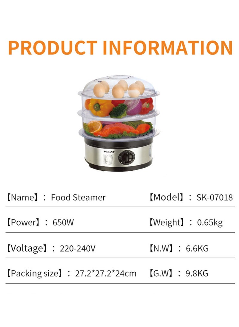 sokany - 650W 11L Food Steamer, 3-Tier Detachable, 60-Minute Timer, and Dishwasher Safe, Makes Preparation Quick Easy SK-07018 Black - Image 1