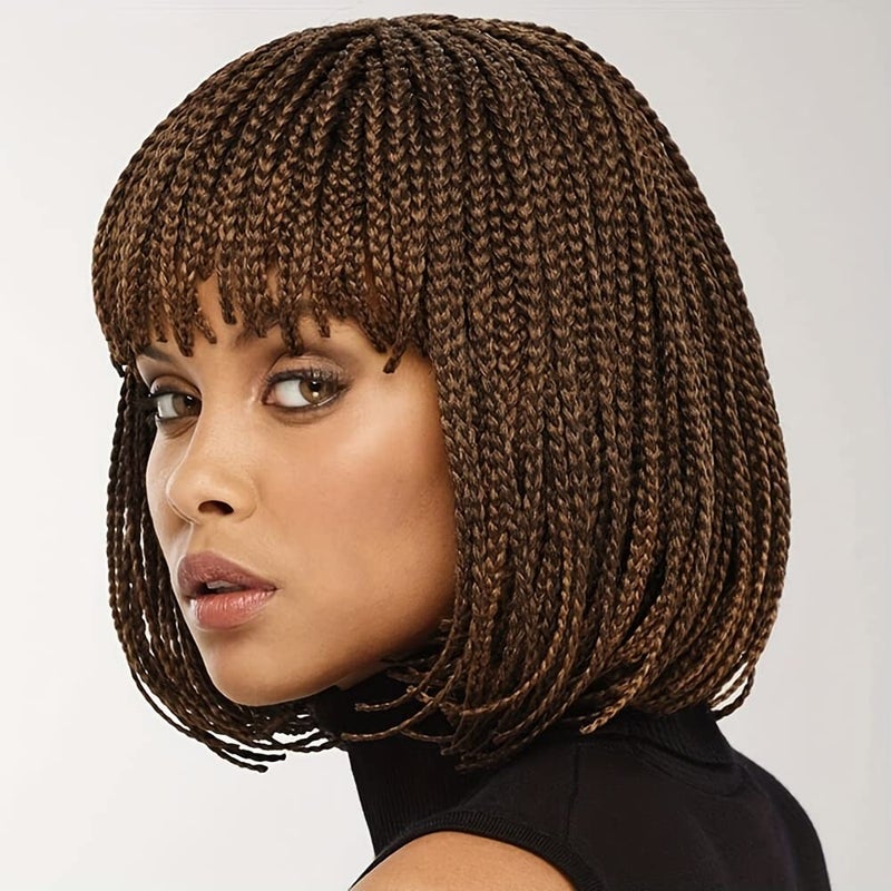 Czrleaty Knotless Braided Wigs for Black Women Heat Resistant Fiber Soft Synthetic Short Bob Box Braided Wig with Bangs African American Braided Wigs (10 inches, Dark Brown) 