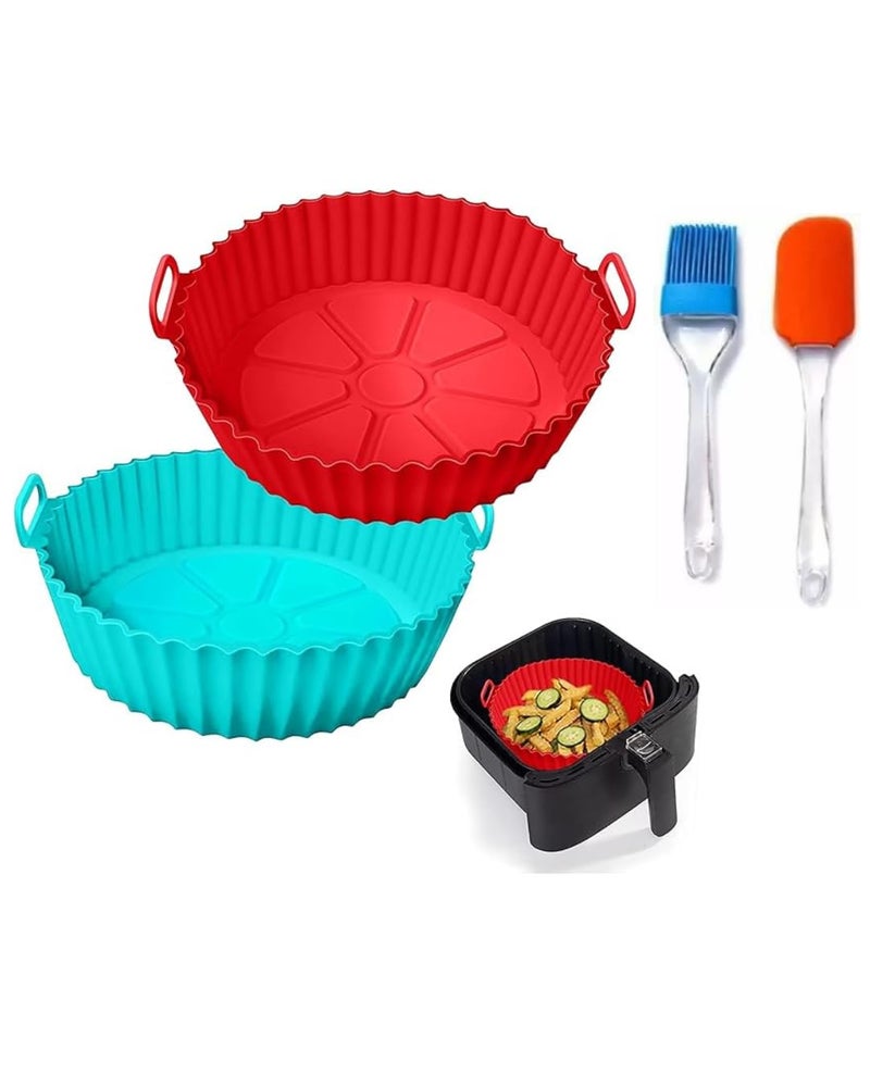 LIJIE Air Fryer Red and Blue Round Silicone Basket with Ear Handles 8in Nonstick Reusable Heat Resistant Blue with Oil Brush and Spatula  - Image 1