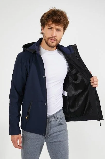 Gavazzi Men's Navy Blue Hooded Waterproof and Windproof Pocket Detailed Sheepskin Softshell Coat