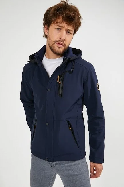 Gavazzi Men's Navy Blue Hooded Waterproof and Windproof Pocket Detailed Sheepskin Softshell Coat