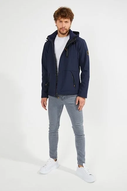 Gavazzi Men's Navy Blue Hooded Waterproof and Windproof Pocket Detailed Sheepskin Softshell Coat