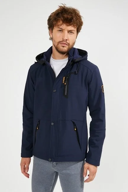 Gavazzi Men's Navy Blue Hooded Waterproof and Windproof Pocket Detailed Sheepskin Softshell Coat