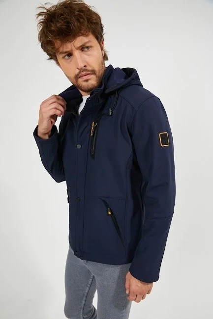 Gavazzi Men's Navy Blue Hooded Waterproof and Windproof Pocket Detailed Sheepskin Softshell Coat