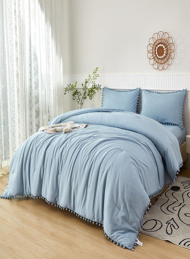 PERFEMET Full Pom Pom Comforter 5 Pieces Aesthetic Grayish Blue Pom Bed in A Bag Soft Fluffy Blue Solid Bedding Sheets and Comforter for Boys Kids(Grayish Blue, Full) - Image 1