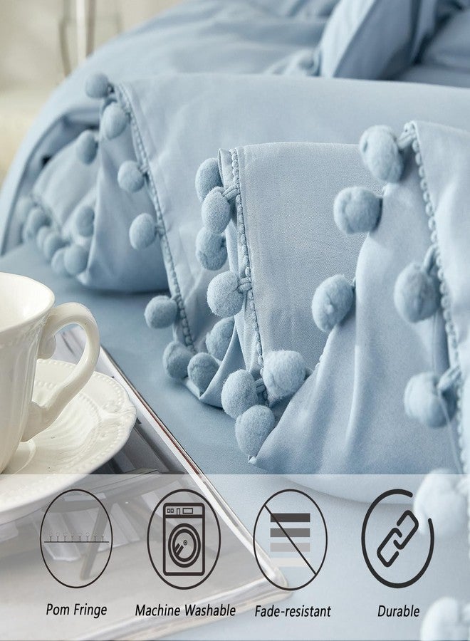 PERFEMET Full Pom Pom Comforter 5 Pieces Aesthetic Grayish Blue Pom Bed in A Bag Soft Fluffy Blue Solid Bedding Sheets and Comforter for Boys Kids(Grayish Blue, Full) - Image 4