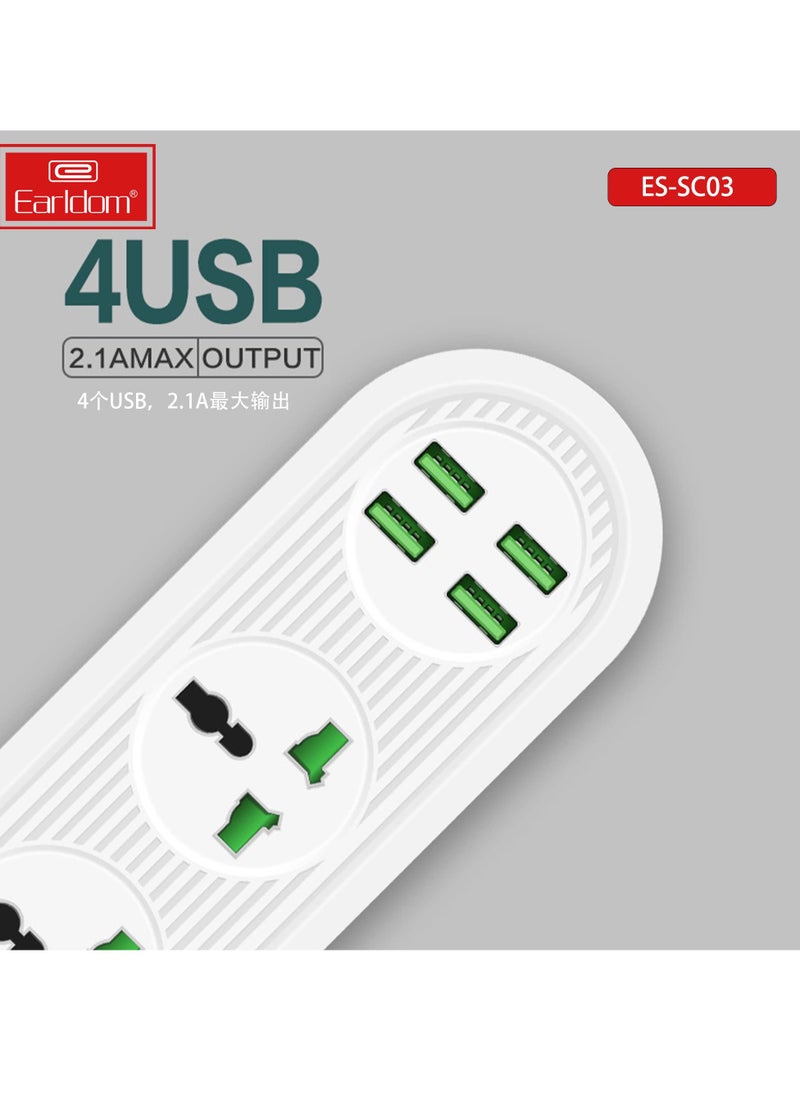 Earldom - SC03 Power Strip – 3 Socket AC and 4 USB Quick charging extension QC3.0 – 2500W /2.1A – 2 M Cable for Home, Office, Hotel | EU plug - Image 1
