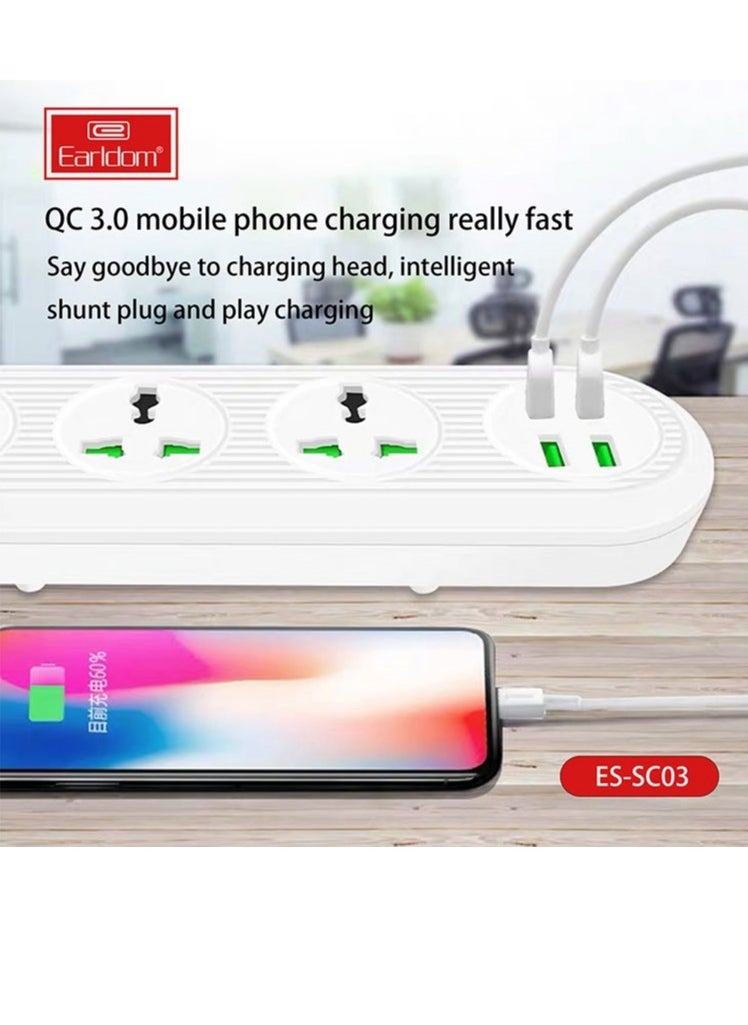 Earldom - SC03 Power Strip – 3 Socket AC and 4 USB Quick charging extension QC3.0 – 2500W /2.1A – 2 M Cable for Home, Office, Hotel | EU plug - Image 1