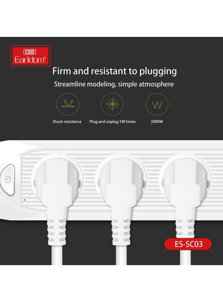 Earldom - SC03 Power Strip – 3 Socket AC and 4 USB Quick charging extension QC3.0 – 2500W /2.1A – 2 M Cable for Home, Office, Hotel | EU plug - Image 1