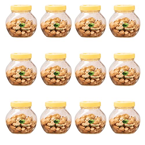 Sand Dune Set of 12, 200 ml Each Storage Glass Jar Yellow Plastic Cap, Transparent | BPA Free |Aachar Pickle, Dry Fruits, Masala, Spices, and dals. - Image 1