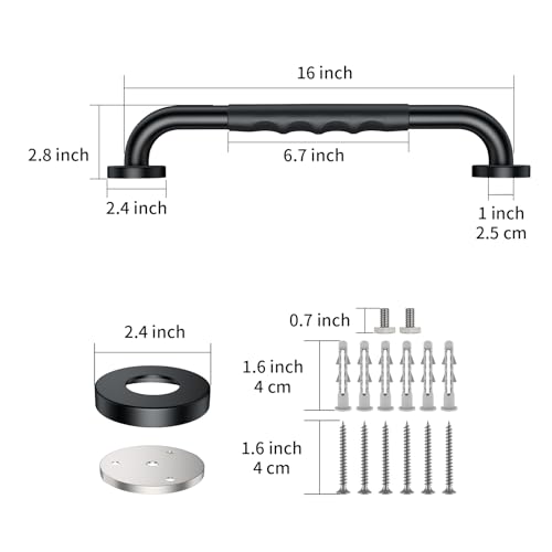 ZUEXT 16 Inch Black Shower Grab Bar w/Anti Slip Rubber Grip, ZUEXT Stainless Steel Bath Grab Bar, Bathroom Balance Bar, Wall Mount Safety Handrail Support, Handicap Injury Elderly Senior Assist Handle - Image 2
